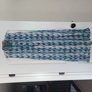 LISA CORTI ROYAL BLUE & AQUA GREEN COLLARED 3 BUTTON MAXIDRESS SMALL MSRP$600